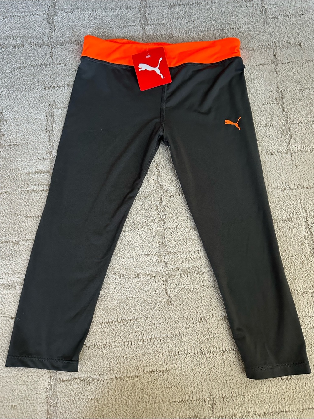 NWT PUMA  Girls' Black Capri Leggings with Orange Waistband Sz 8-10 (M)